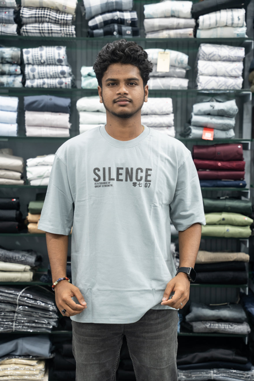 Five Sleeve Round Neck Oversized SILENCE Printed T-Shirt for Men – Ash-7 Man
