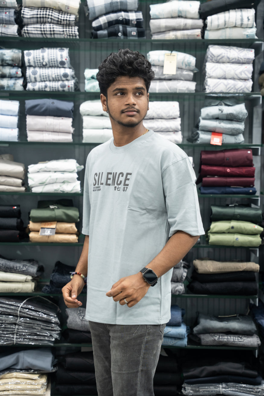Five Sleeve Round Neck Oversized SILENCE Printed T-Shirt for Men – Ash-7 Man