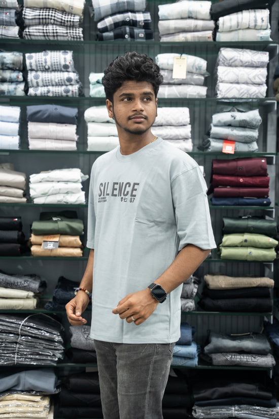 Five Sleeve Round Neck Oversized SILENCE Printed T-Shirt for Men – Ash-7 Man