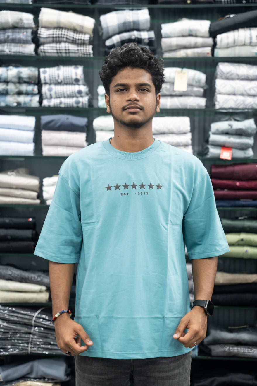 Five Sleeve Round Neck Oversized STAR Printed T-Shirt for Men – Sky Blue-7 Man