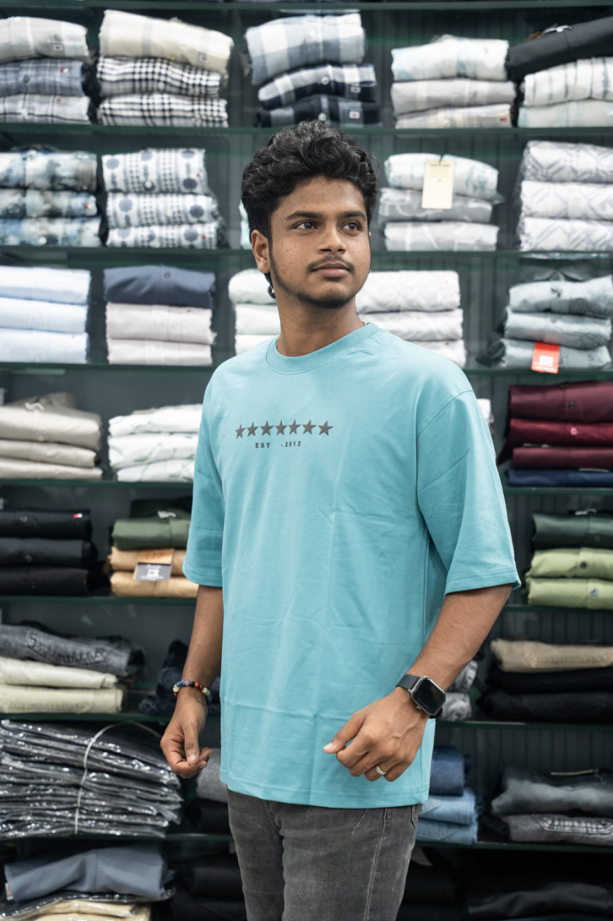 Five Sleeve Round Neck Oversized STAR Printed T-Shirt for Men – Sky Blue-7 Man