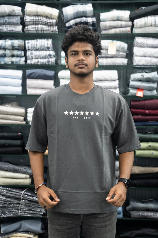 Five Sleeve Round Neck Oversized STAR Printed T-Shirt for Men – Grey-7 Man