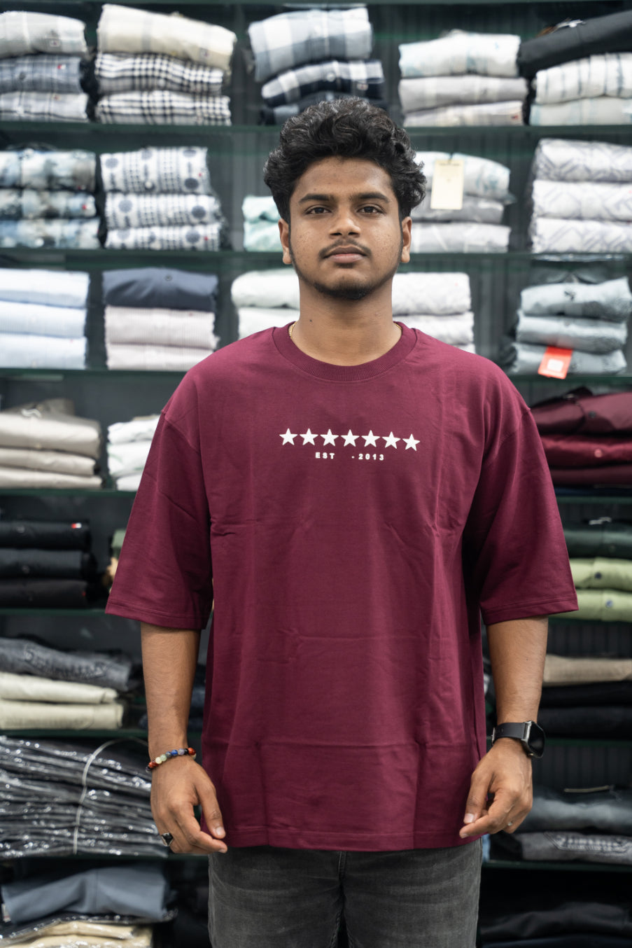 Five Sleeve Round Neck Oversized STAR Printed T-Shirt for Men – Maroon-7 Man