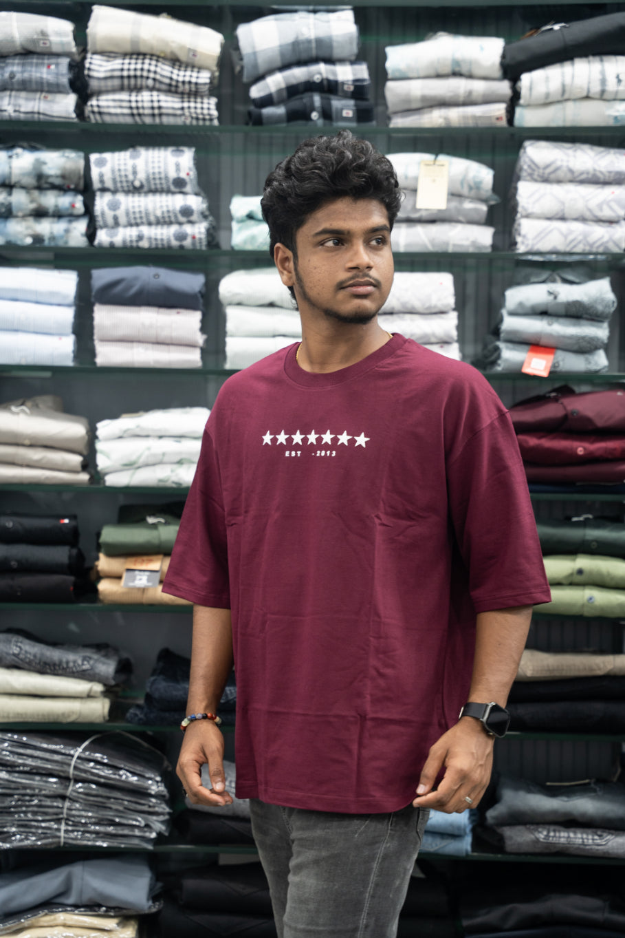 Five Sleeve Round Neck Oversized STAR Printed T-Shirt for Men – Maroon-7 Man