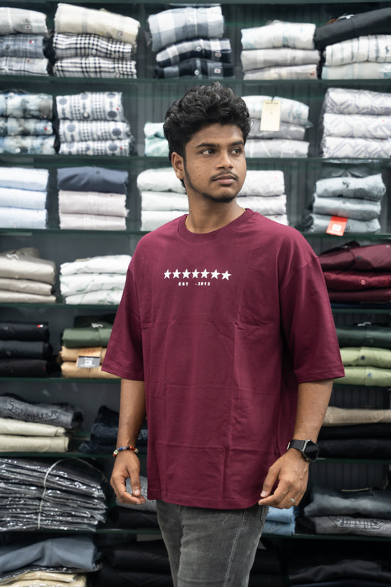 Five Sleeve Round Neck Oversized STAR Printed T-Shirt for Men – Maroon-7 Man