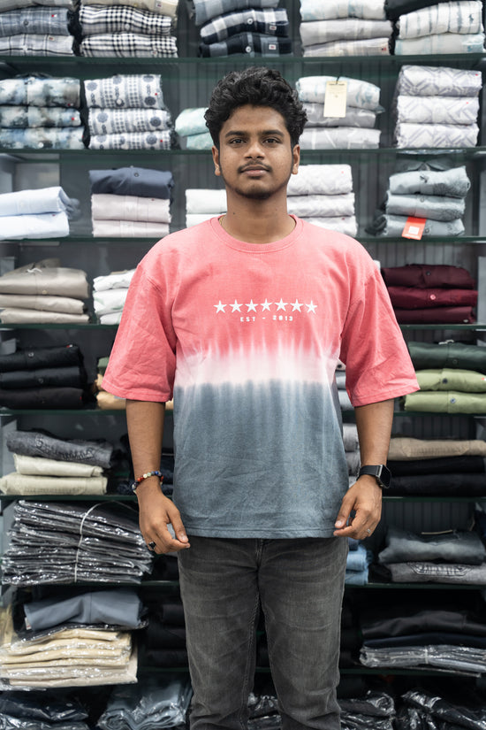 Men’s STAR PRINT Tie-Dye Five Sleeve T-Shirt – Trendy Oversized Streetwear Tee - Pink-7 Man