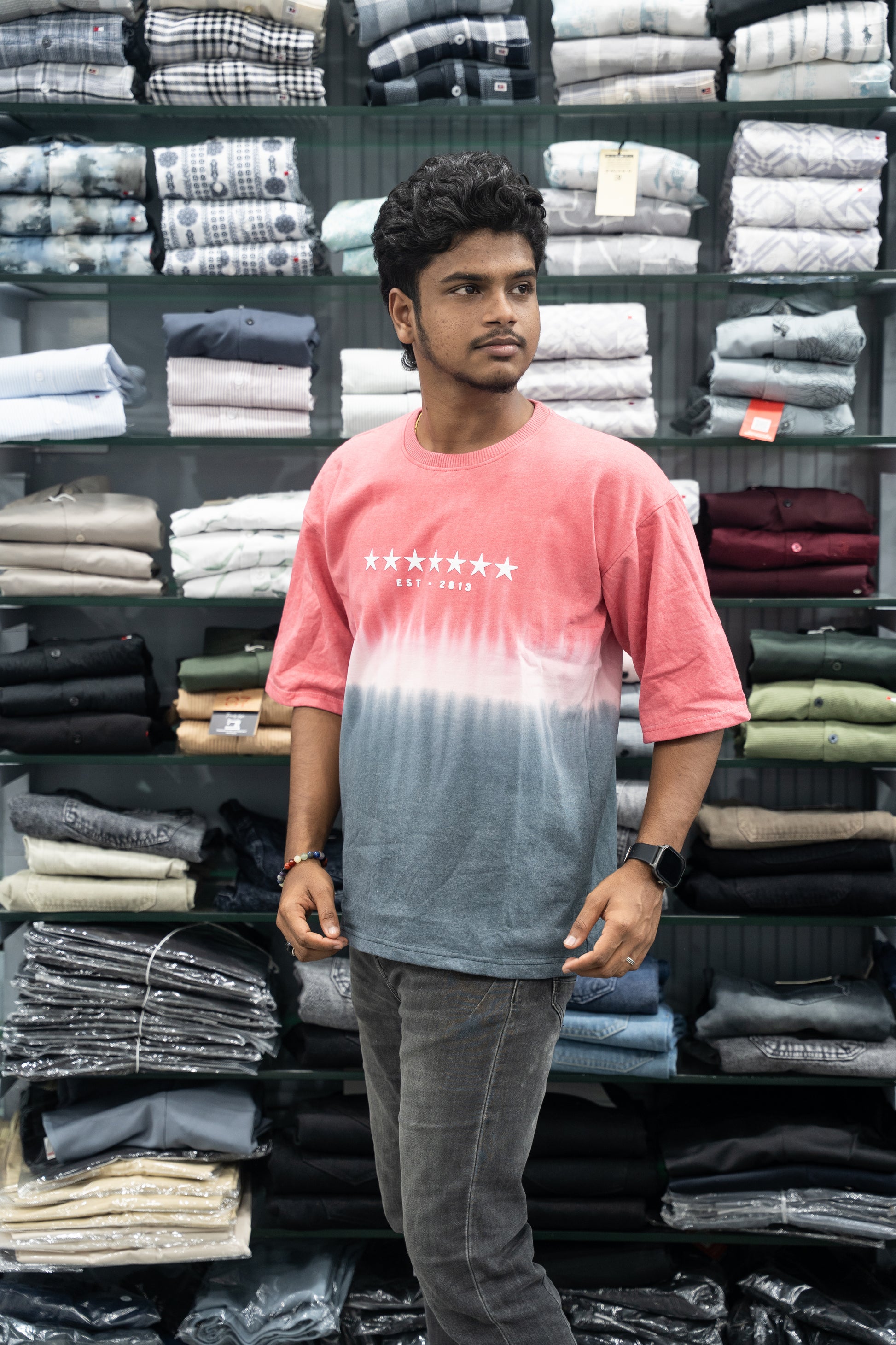 Men’s STAR PRINT Tie-Dye Five Sleeve T-Shirt – Trendy Oversized Streetwear Tee - Pink-7 Man