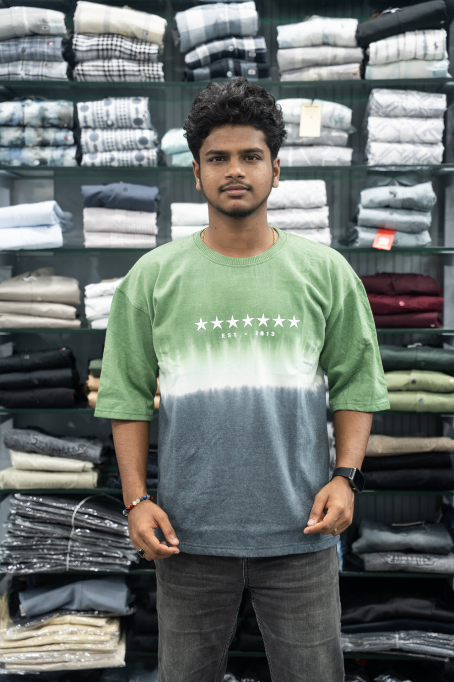 Men’s STAR PRINT Tie-Dye Five Sleeve T-Shirt – Trendy Oversized Streetwear Tee - Green-7 Man