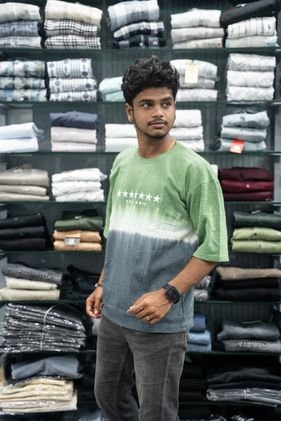 Men’s STAR PRINT Tie-Dye Five Sleeve T-Shirt – Trendy Oversized Streetwear Tee - Green-7 Man