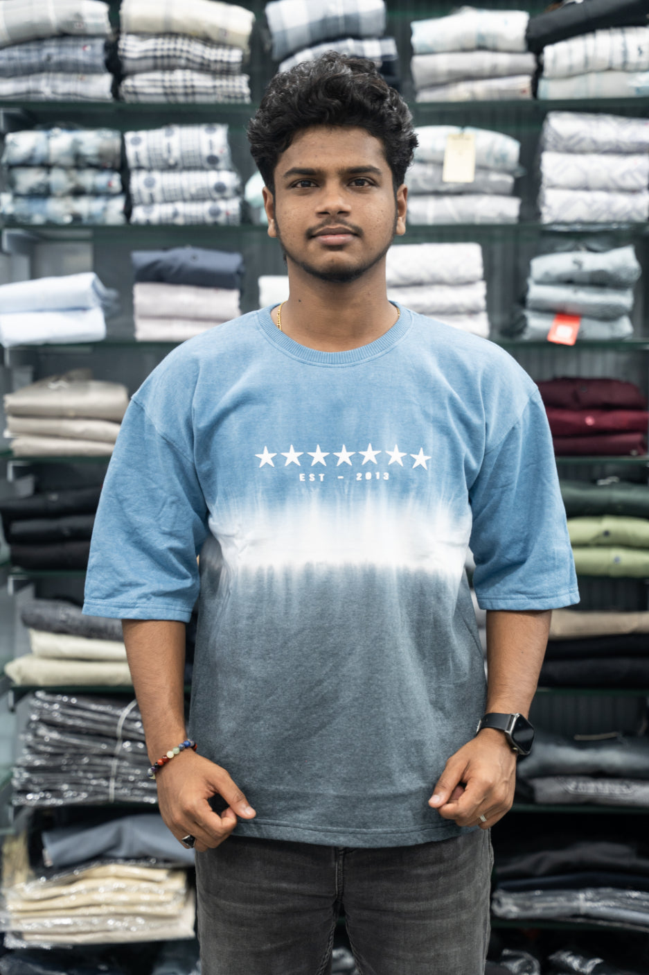 Men’s STAR PRINT Tie-Dye Five Sleeve T-Shirt – Trendy Oversized Streetwear Tee - Dark Blue-7 Man