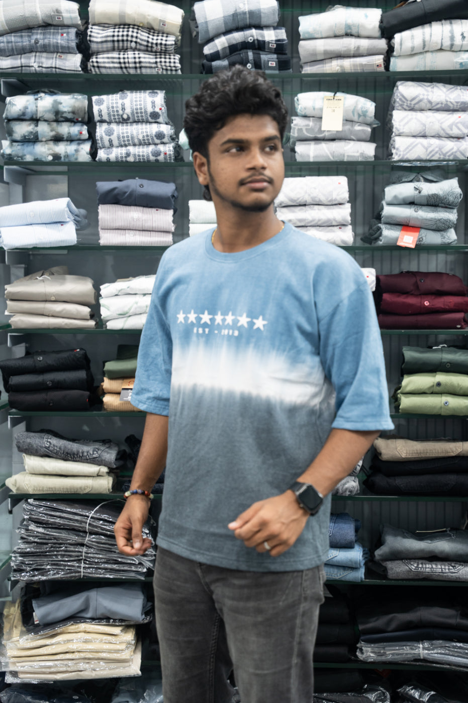 Men’s STAR PRINT Tie-Dye Five Sleeve T-Shirt – Trendy Oversized Streetwear Tee - Dark Blue-7 Man