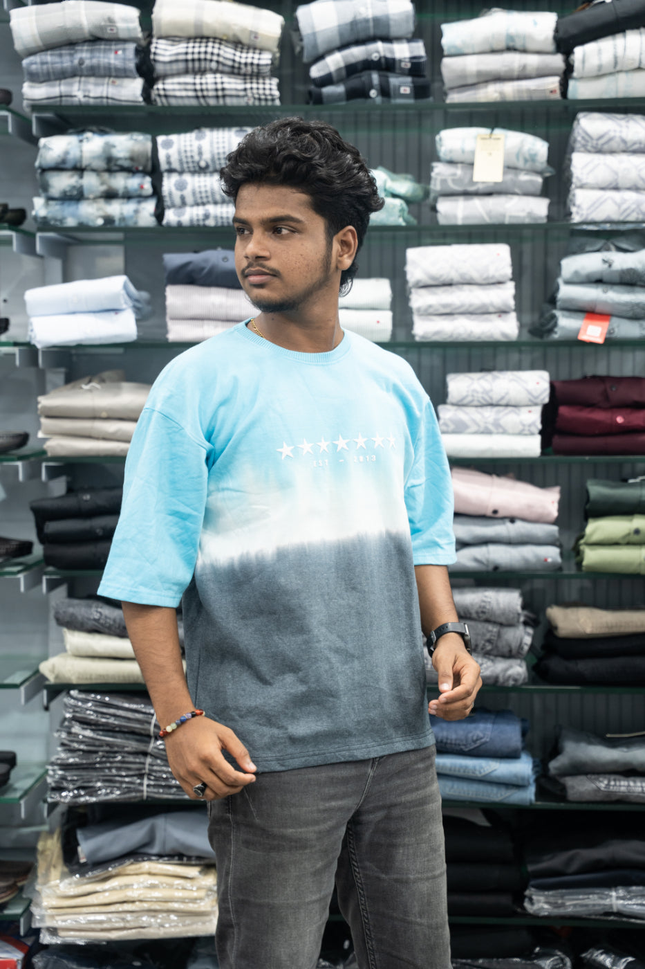 Men’s STAR PRINT Tie-Dye Five Sleeve T-Shirt – Trendy Oversized Streetwear Tee - Ice Blue-7 Man