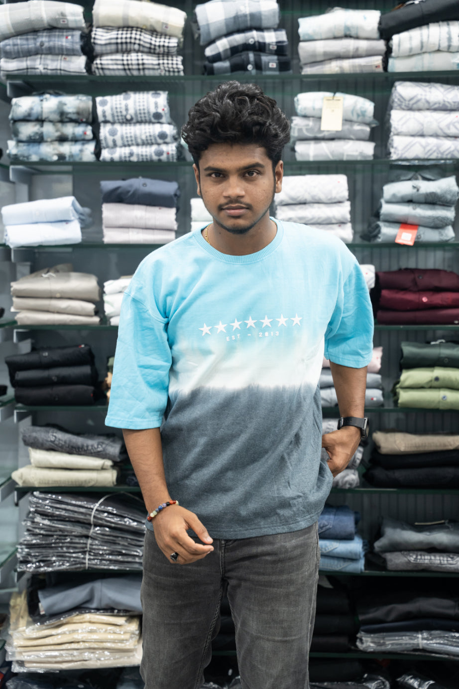 Men’s STAR PRINT Tie-Dye Five Sleeve T-Shirt – Trendy Oversized Streetwear Tee - Ice Blue-7 Man