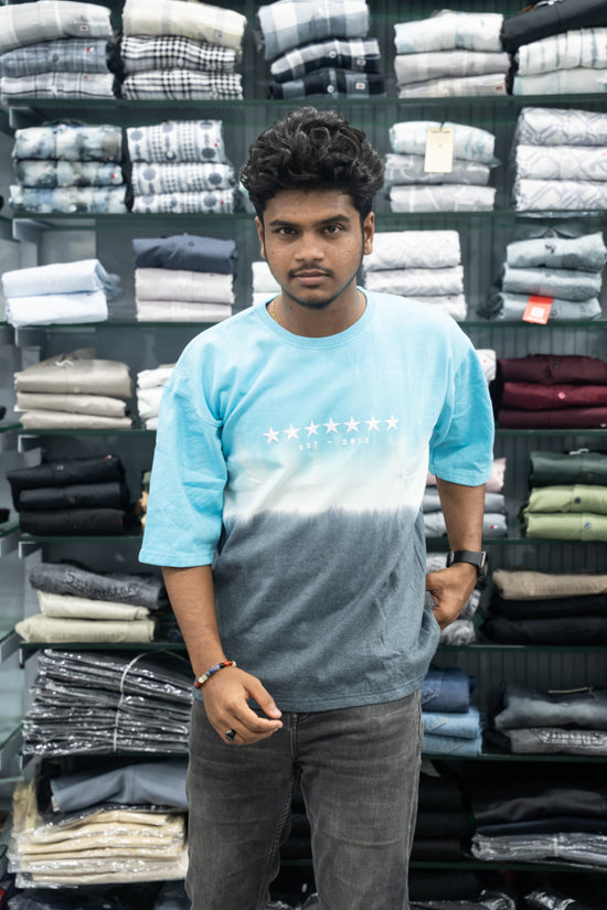 Men’s STAR PRINT Tie-Dye Five Sleeve T-Shirt – Trendy Oversized Streetwear Tee - Ice Blue-7 Man