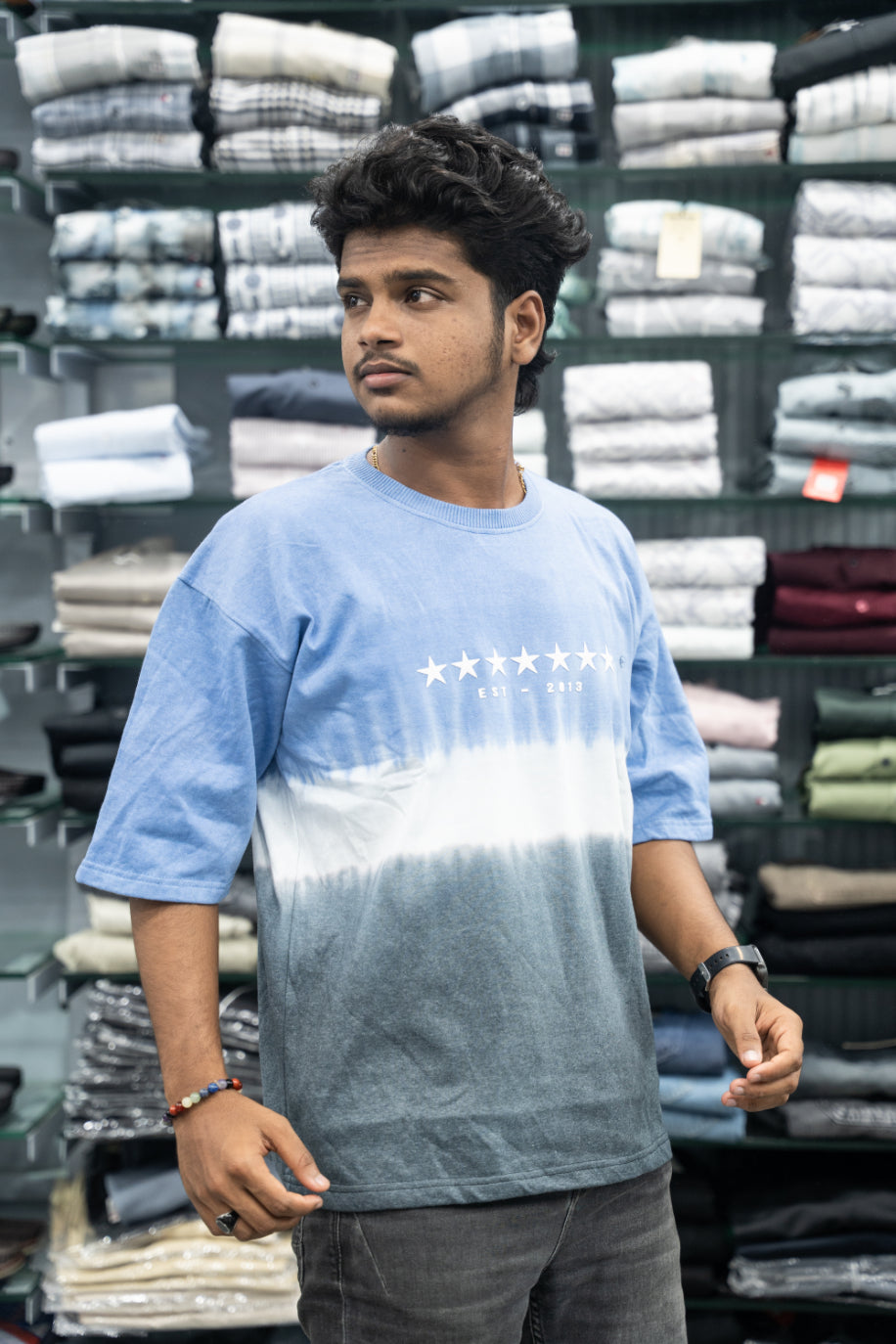 Men’s STAR PRINT Tie-Dye Five Sleeve T-Shirt – Trendy Oversized Streetwear Tee - Sky Blue-7 Man