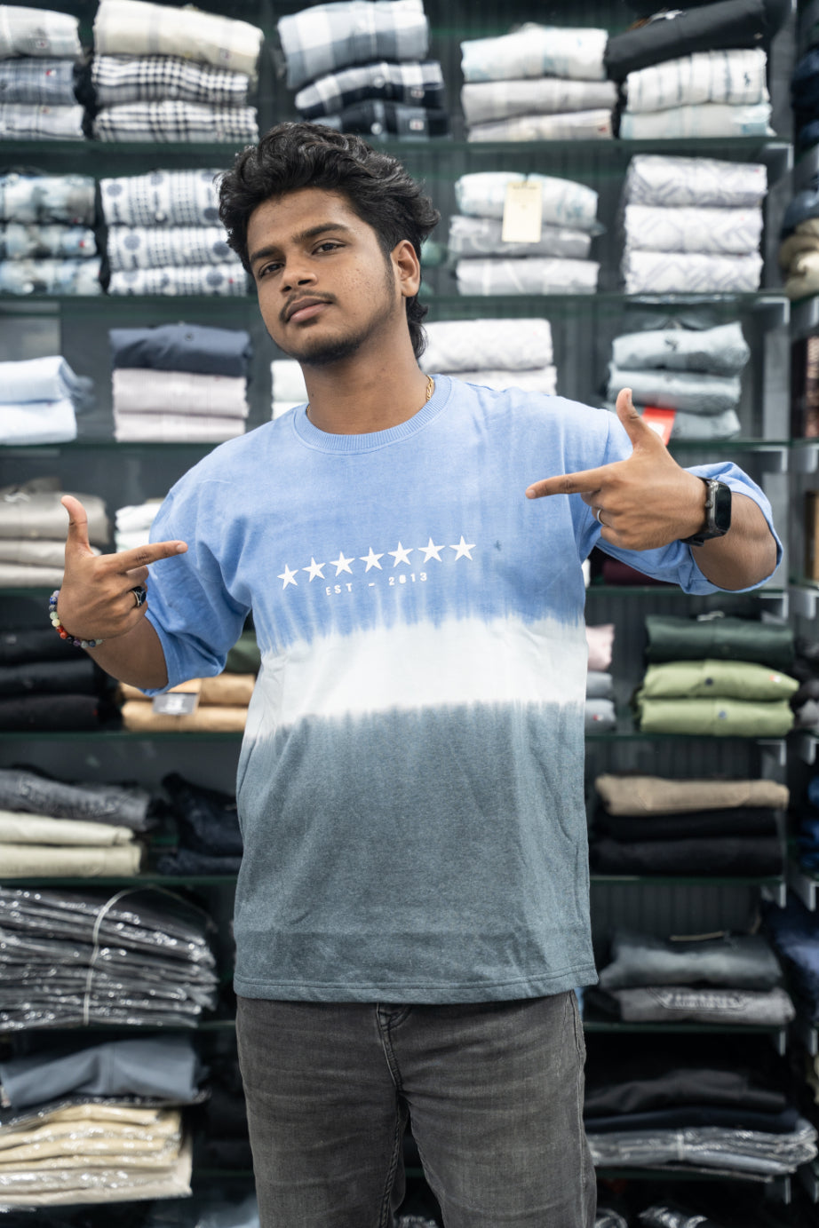 Men’s STAR PRINT Tie-Dye Five Sleeve T-Shirt – Trendy Oversized Streetwear Tee - Sky Blue-7 Man