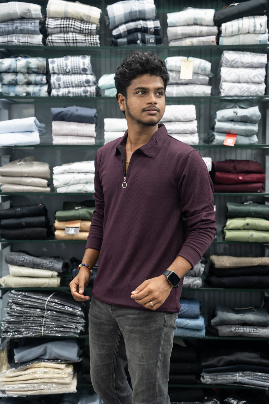 Full Sleeve Men's Mario Ribbed Zipper Collar T-Shirt – Grape Shade-7 Man