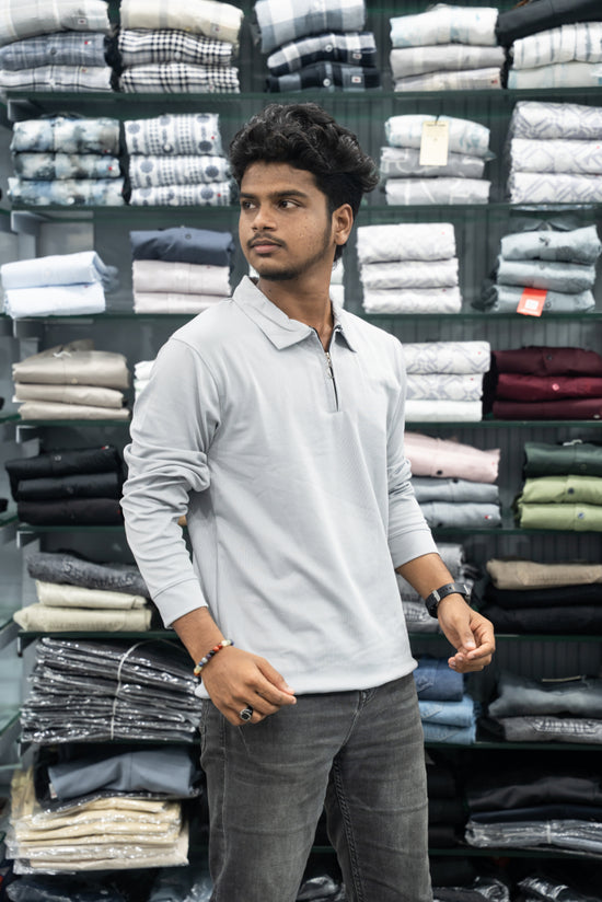 Full Sleeve Men's Mario Ribbed Zipper Collar T-Shirt – Ash-7 Man