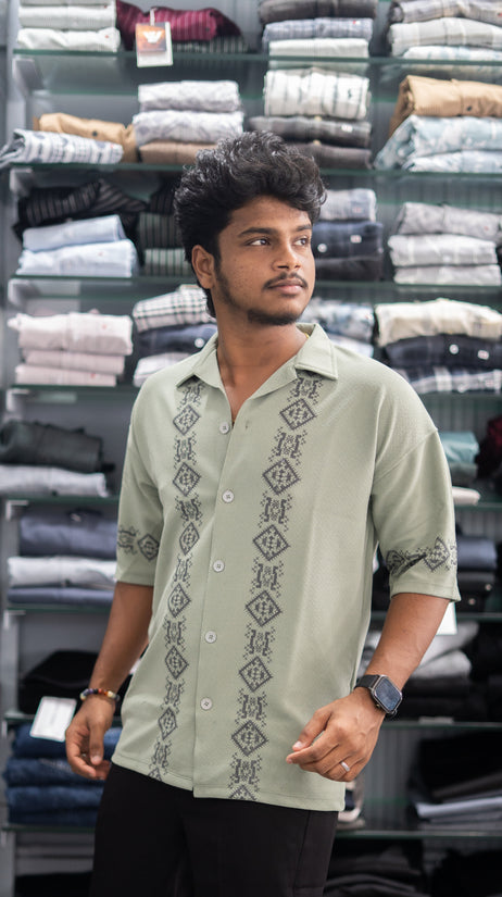 Daily Wear Diamond Printed Five Sleeve Lycra Shirt for Mens - Pistha Green