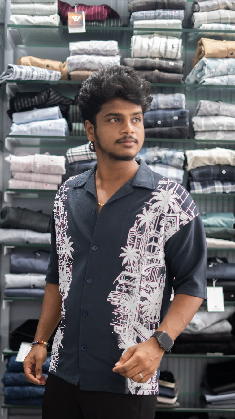 Daily Wear TREE Printed Five Sleeve Lycra Shirt for Men - Navy Blue