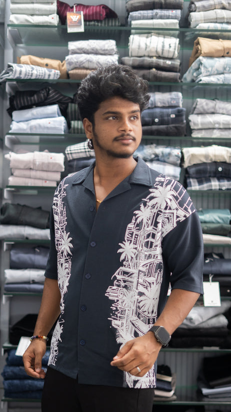 Daily Wear TREE Printed Five Sleeve Lycra Shirt for Men - Navy Blue