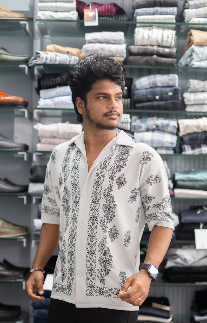 Daily Wear FLOWER DESIGN Printed Five Sleeve Lycra Shirt for Men- Ash