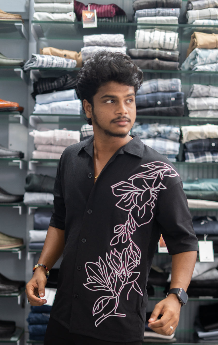 Daily Wear FLOWER Printed Five Sleeve Lycra Shirt for Men - Black