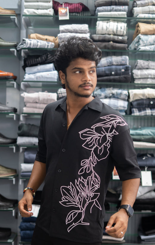 Daily Wear FLOWER Printed Five Sleeve Lycra Shirt for Men - Black
