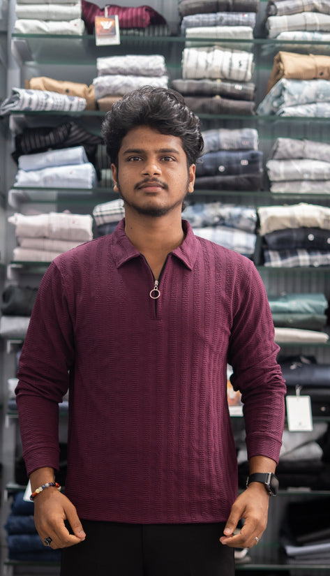 Full Sleeve Collar Neck Zipper Collar Striped Tshirt for Men - Maroon