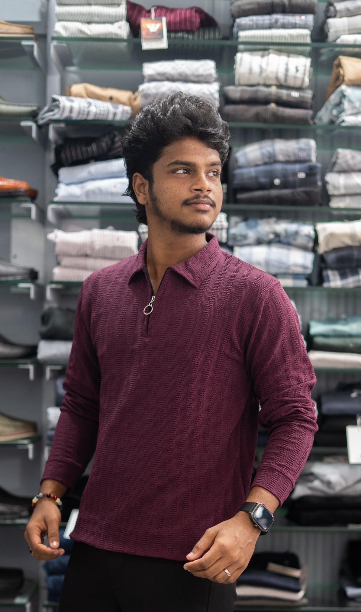 Full Sleeve Collar Neck Zipper Collar Striped Tshirt for Men - Maroon