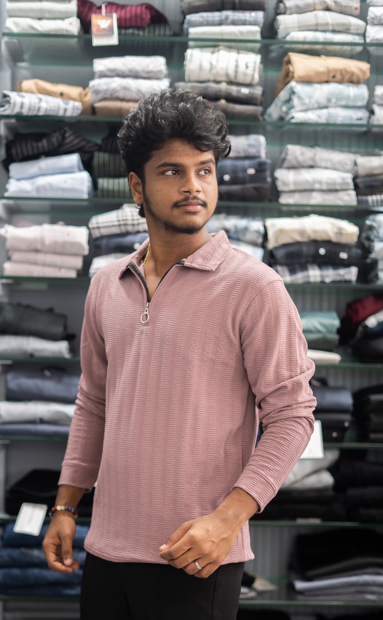 Full Sleeve Collar Neck Zipper Collar Striped Tshirt for Men - Peach