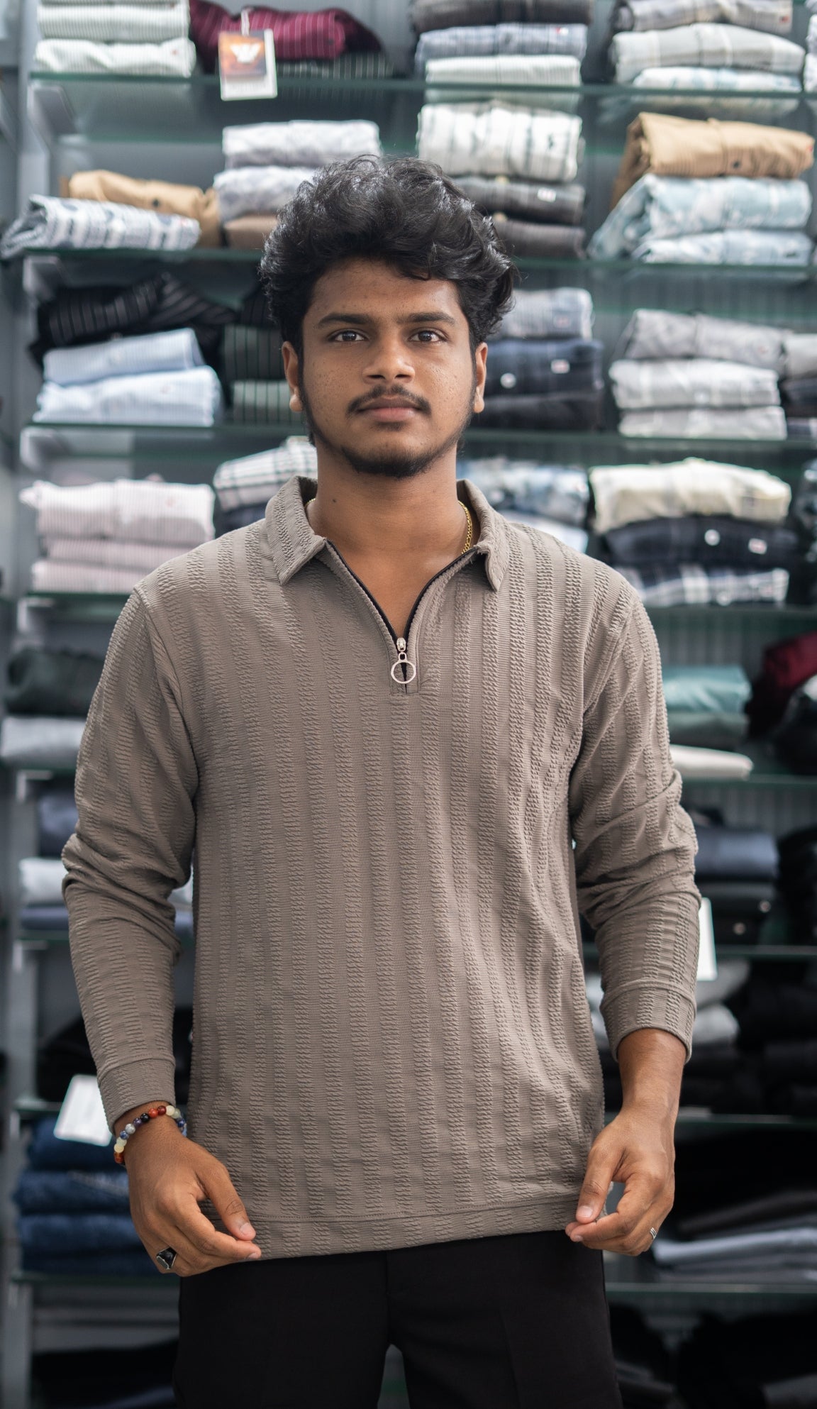 Full Sleeve Collar Neck Zipper Collar Striped Tshirt for Men - Grey