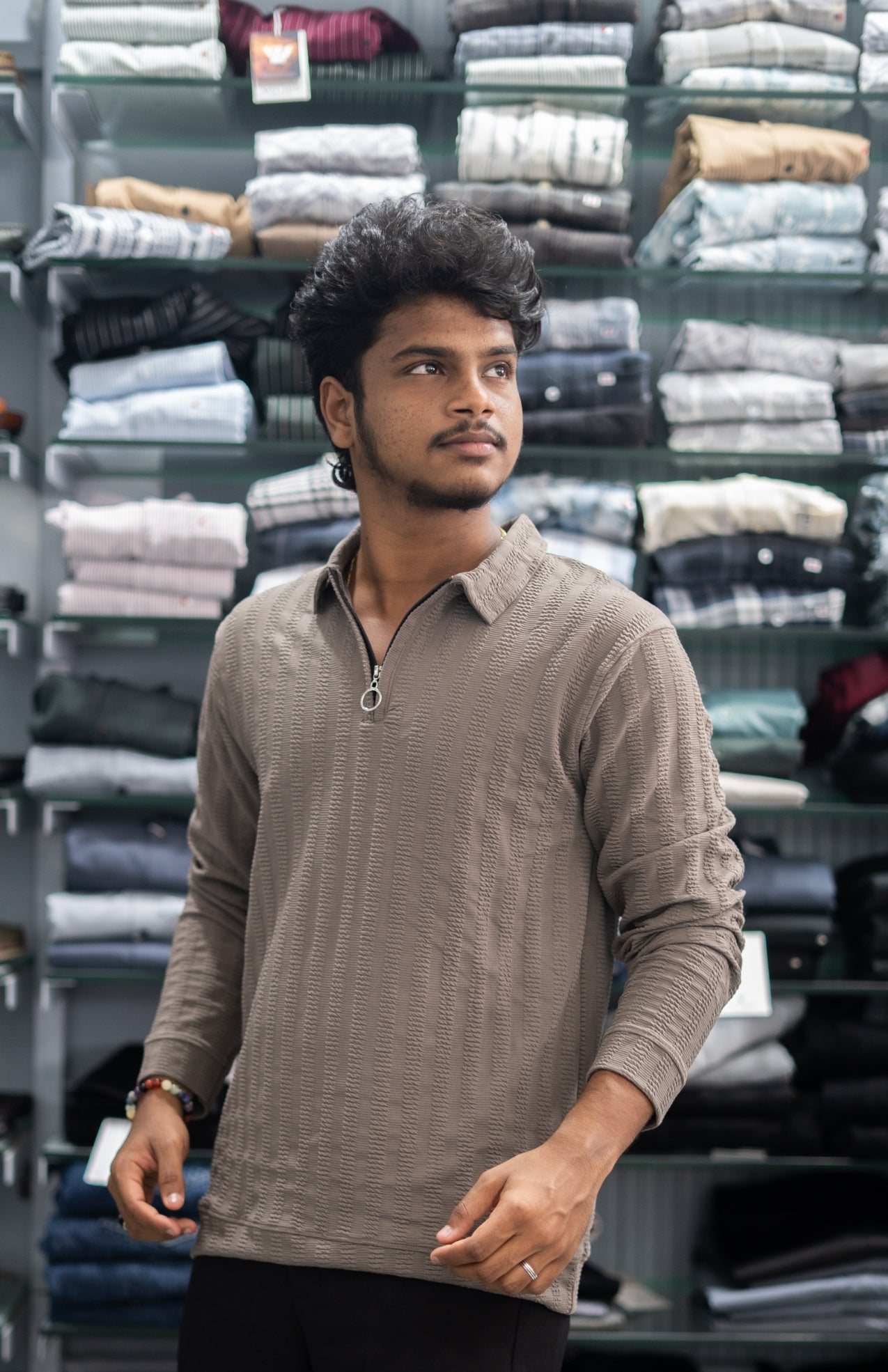 Full Sleeve Collar Neck Zipper Collar Striped Tshirt for Men - Grey