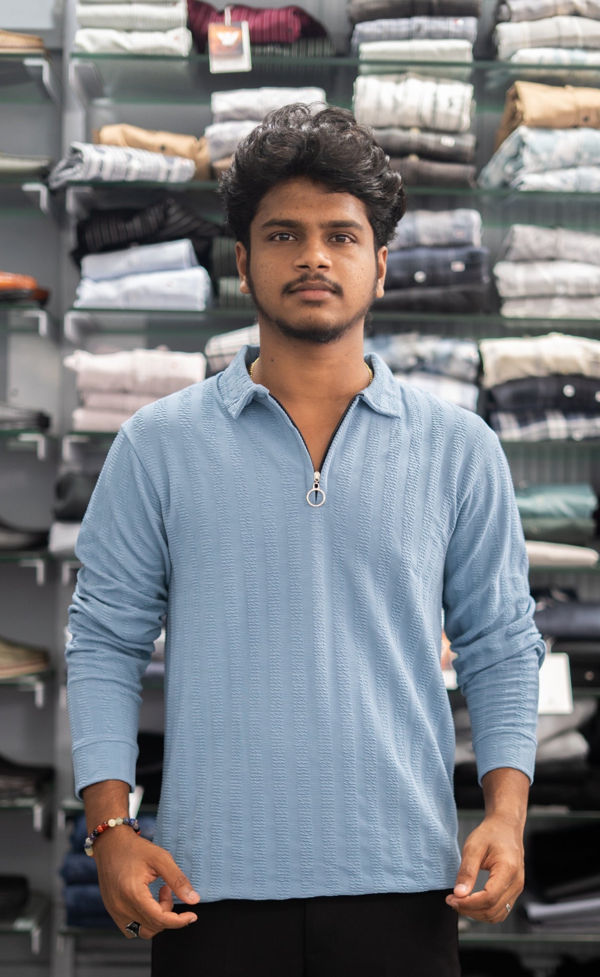 Full Sleeve Collar Neck Zipper Collar Striped Tshirt for Men - Sky Blue