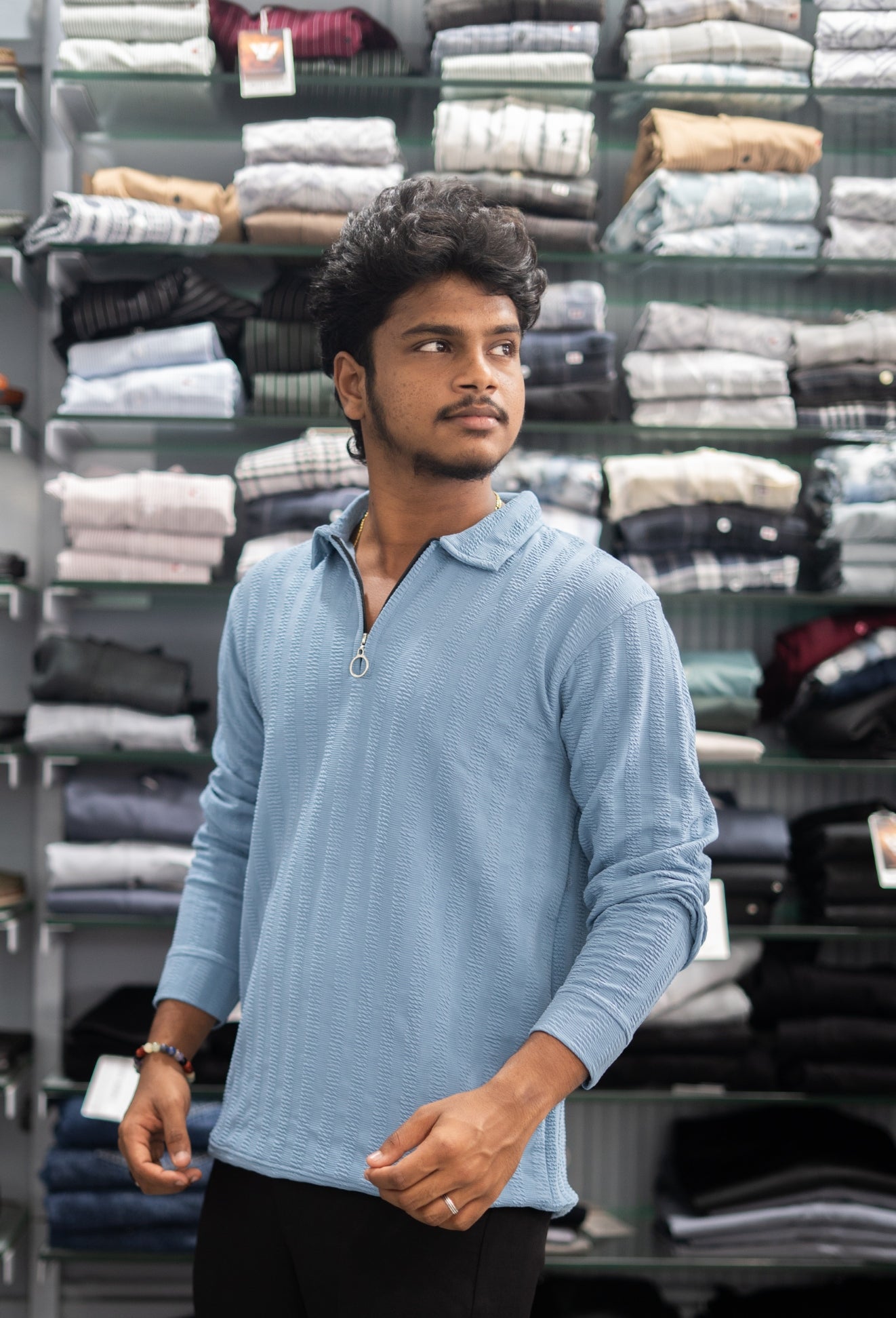 Full Sleeve Collar Neck Zipper Collar Striped Tshirt for Men - Sky Blue