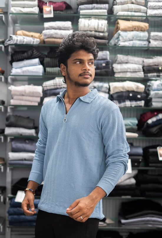 Full Sleeve Collar Neck Zipper Collar Striped Tshirt for Men - Sky Blue