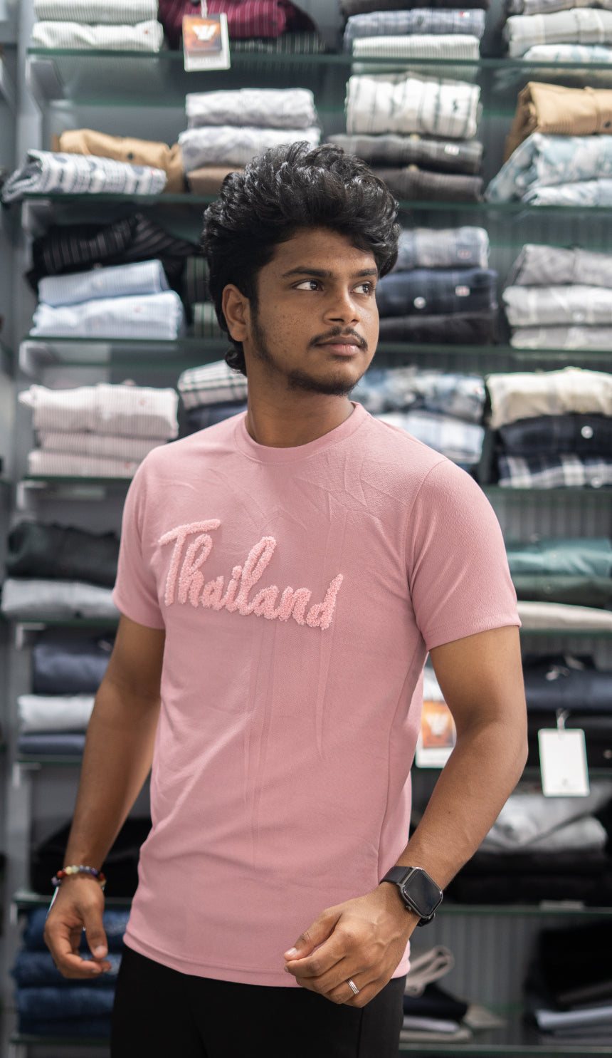 Half Sleeve Round Neck THAILAND Printed Tshirt for Men - Pink
