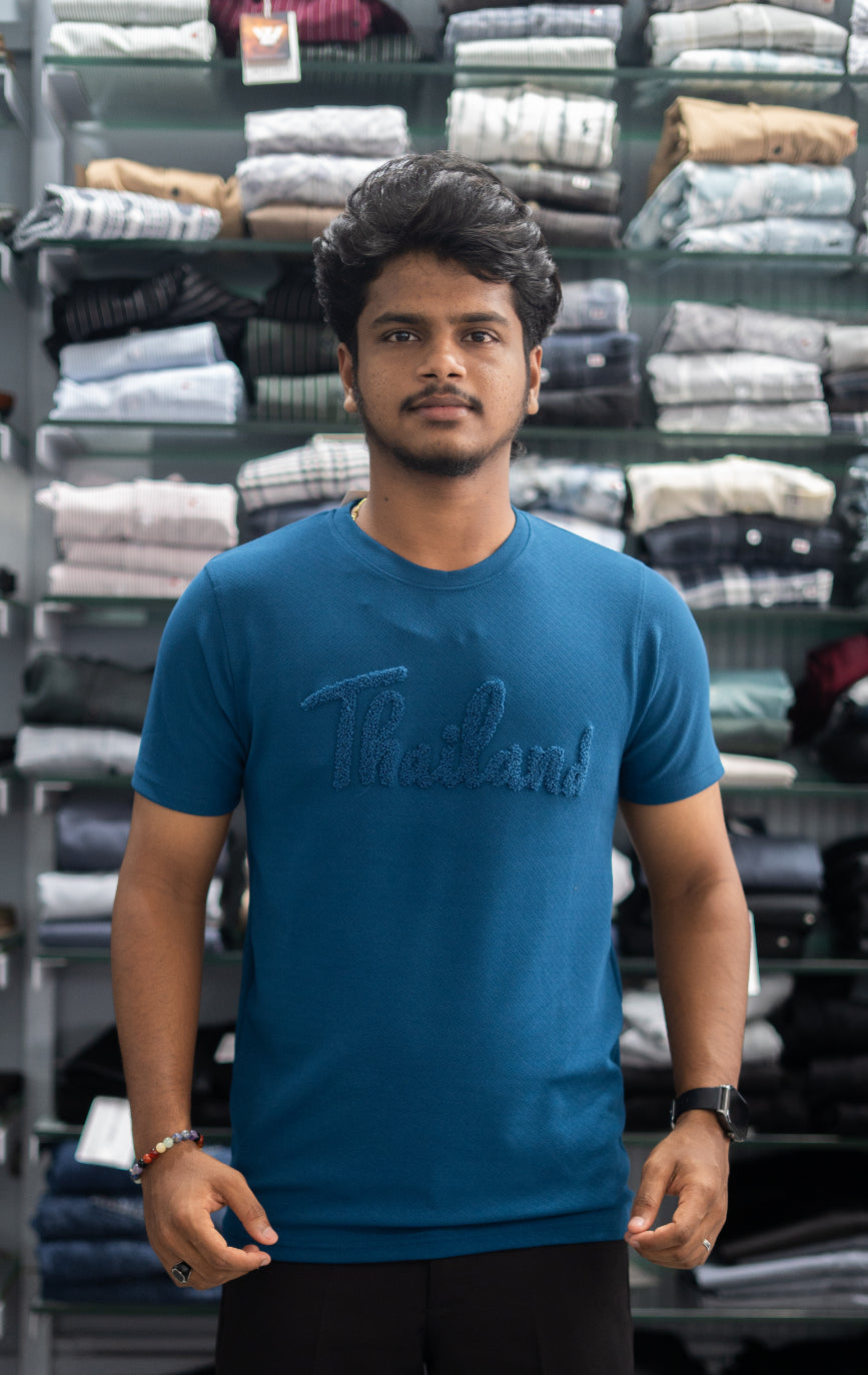 Half Sleeve Round Neck THAILAND Printed Tshirt for Men - Petrol Blue