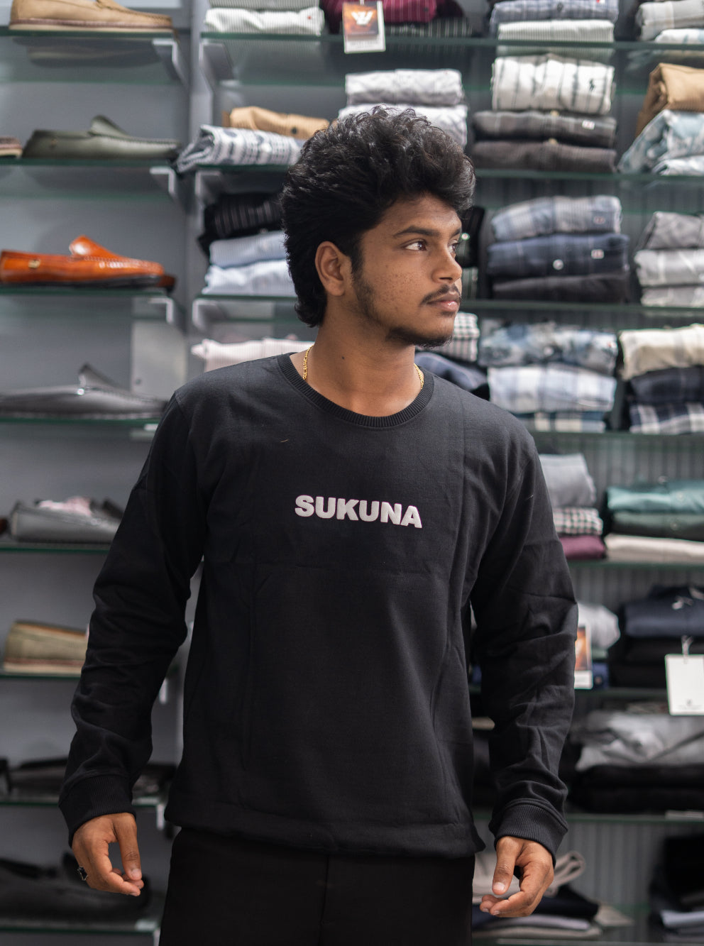 Full Sleeve Round Neck SUKUNA Back Printed Mens Tshirt - Black