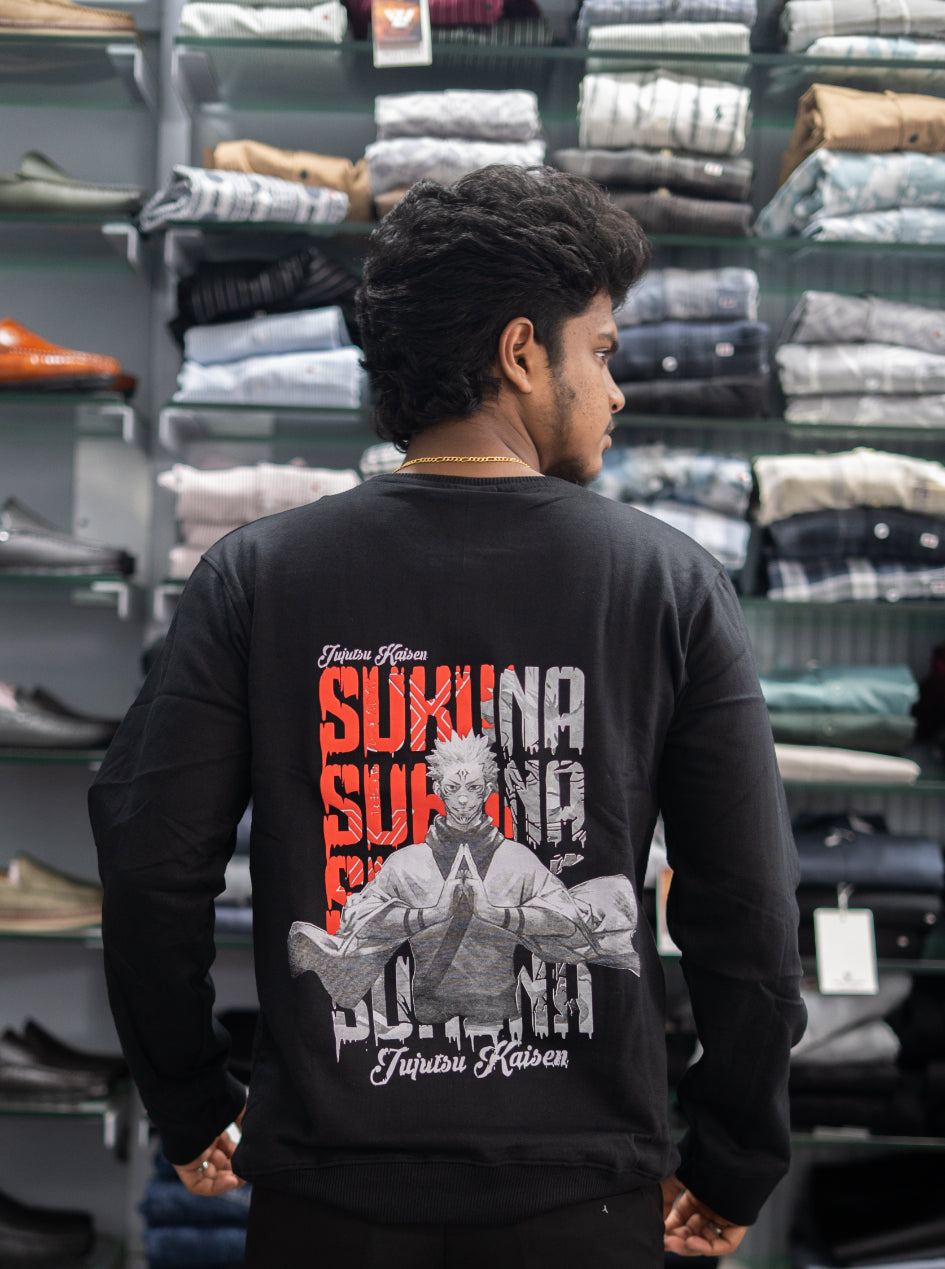 Full Sleeve Round Neck SUKUNA Back Printed Mens Tshirt - Black