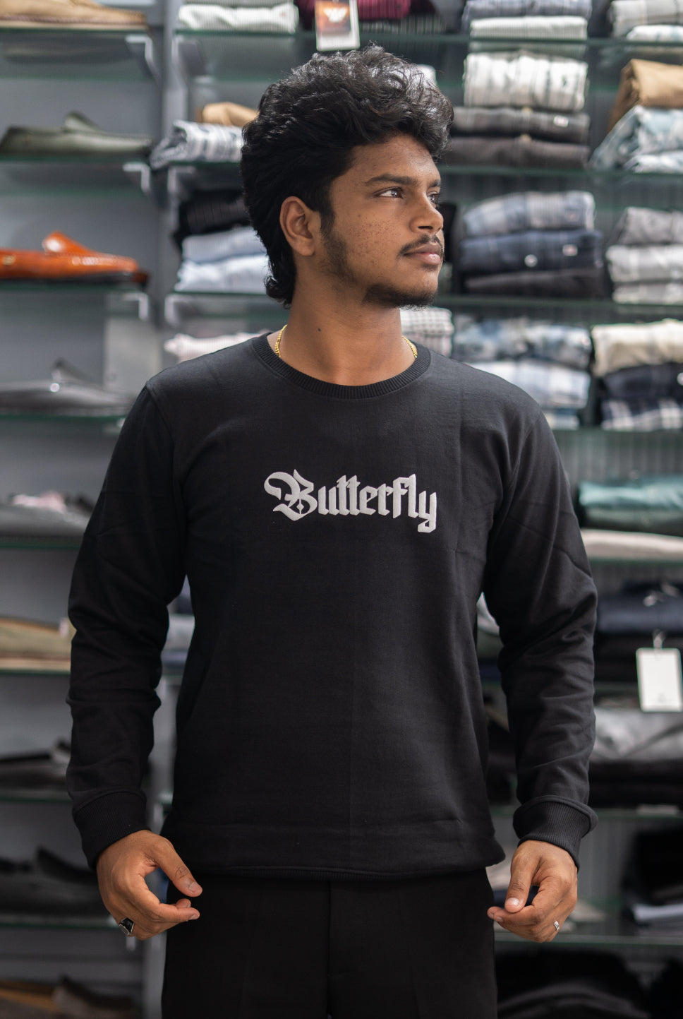 Full Sleeve Round Neck BUTTERFLY Back Printed Mens Tshirt - Black