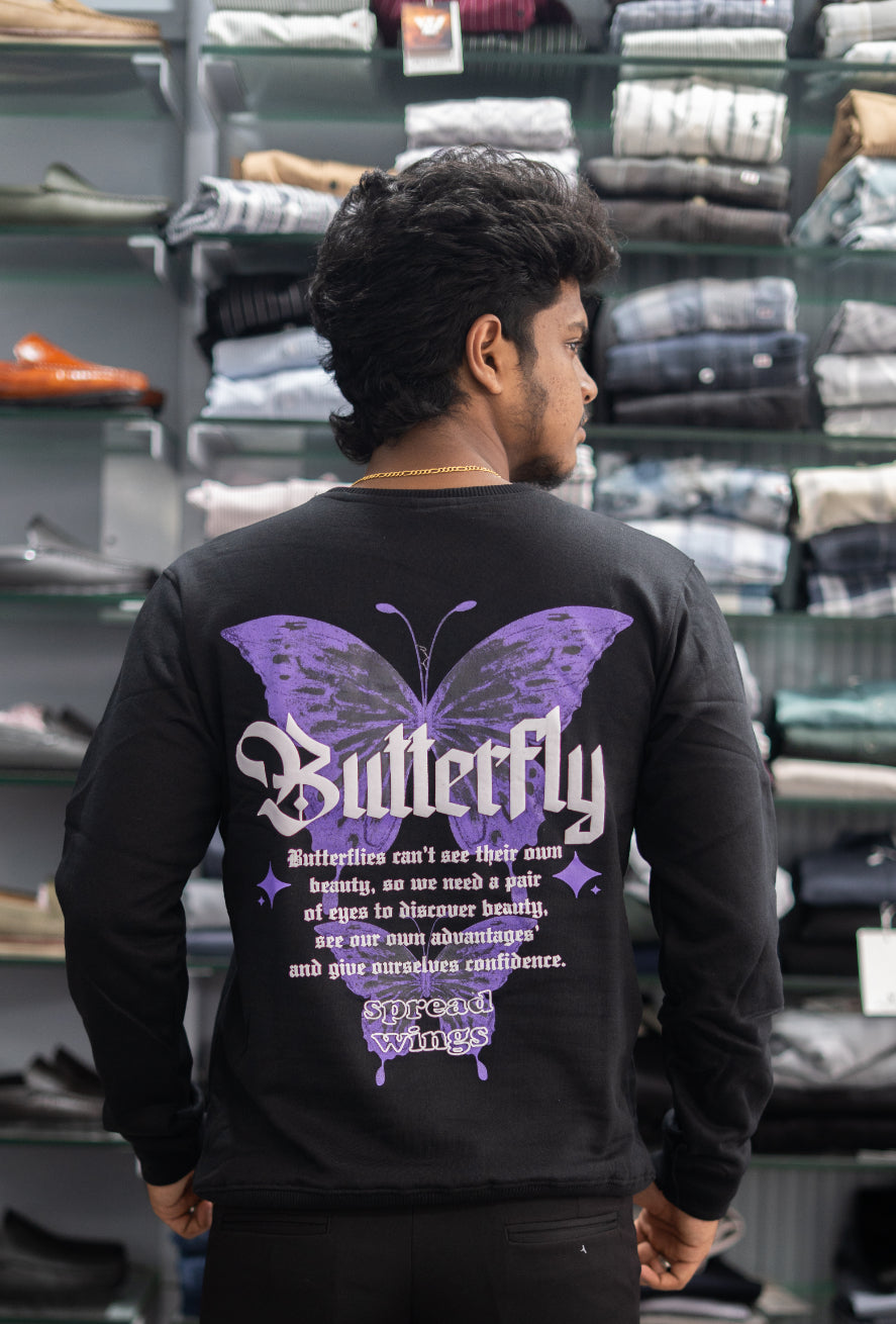 Full Sleeve Round Neck BUTTERFLY Back Printed Mens Tshirt - Black