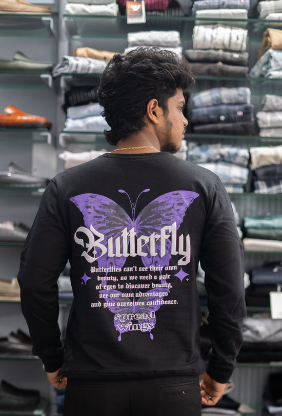 Full Sleeve Round Neck BUTTERFLY Back Printed Mens Tshirt - Black