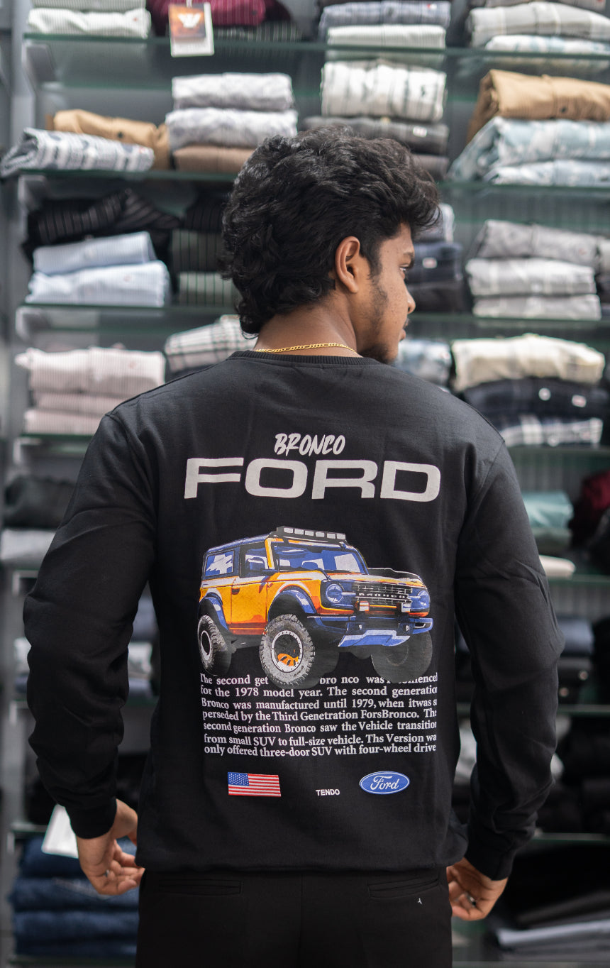 Full Sleeve Round Neck FORD Back Printed Mens Tshirt - Black