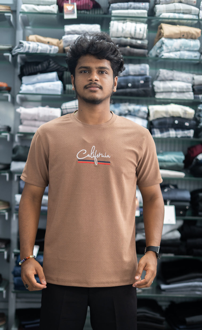 Half Sleeve Round Neck CALIFORNIA Printed Tshirt for Men - Brown-7 Man
