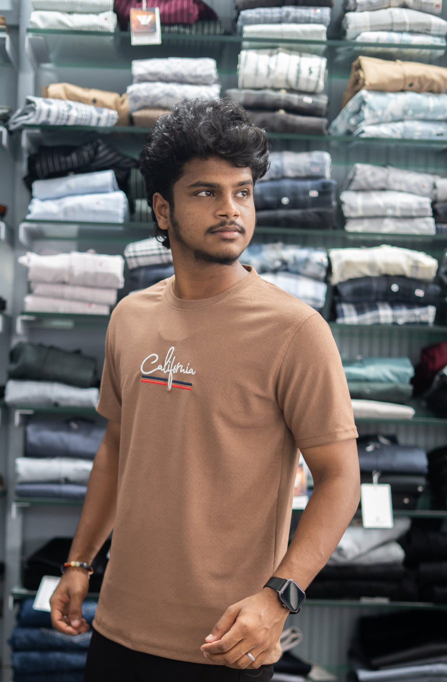 Half Sleeve Round Neck CALIFORNIA Printed Tshirt for Men - Brown-7 Man