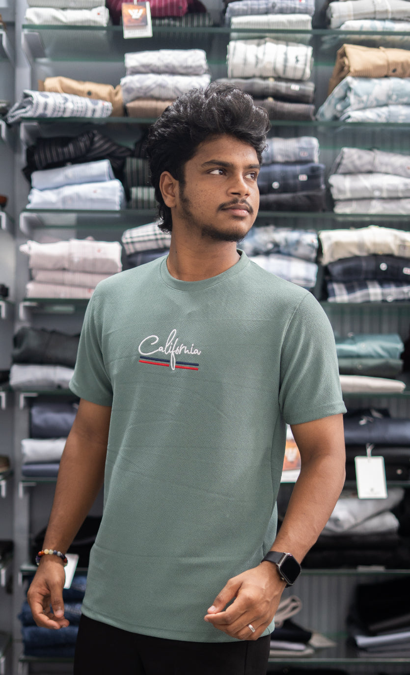 Half Sleeve Round Neck CALIFORNIA Printed Tshirt for Men - Olive Green Green-7 Man
