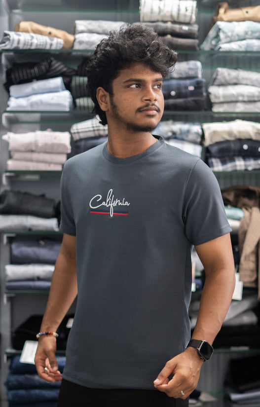 Half Sleeve Round Neck CALIFORNIA Printed Tshirt for Men - Grey-7 Man