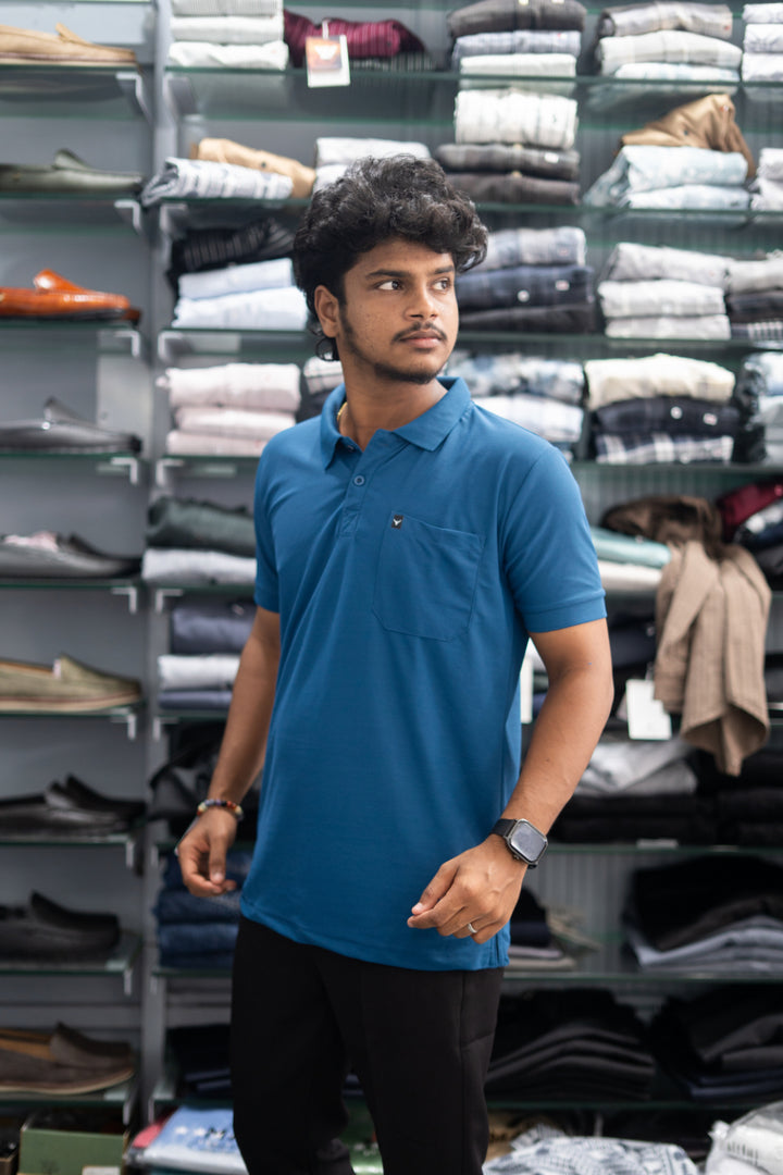Half Sleeve Polo T-Shirt for Men – Stylish Casual Wear with Pocket - Petrol Blue-T-Shirt-7 Man