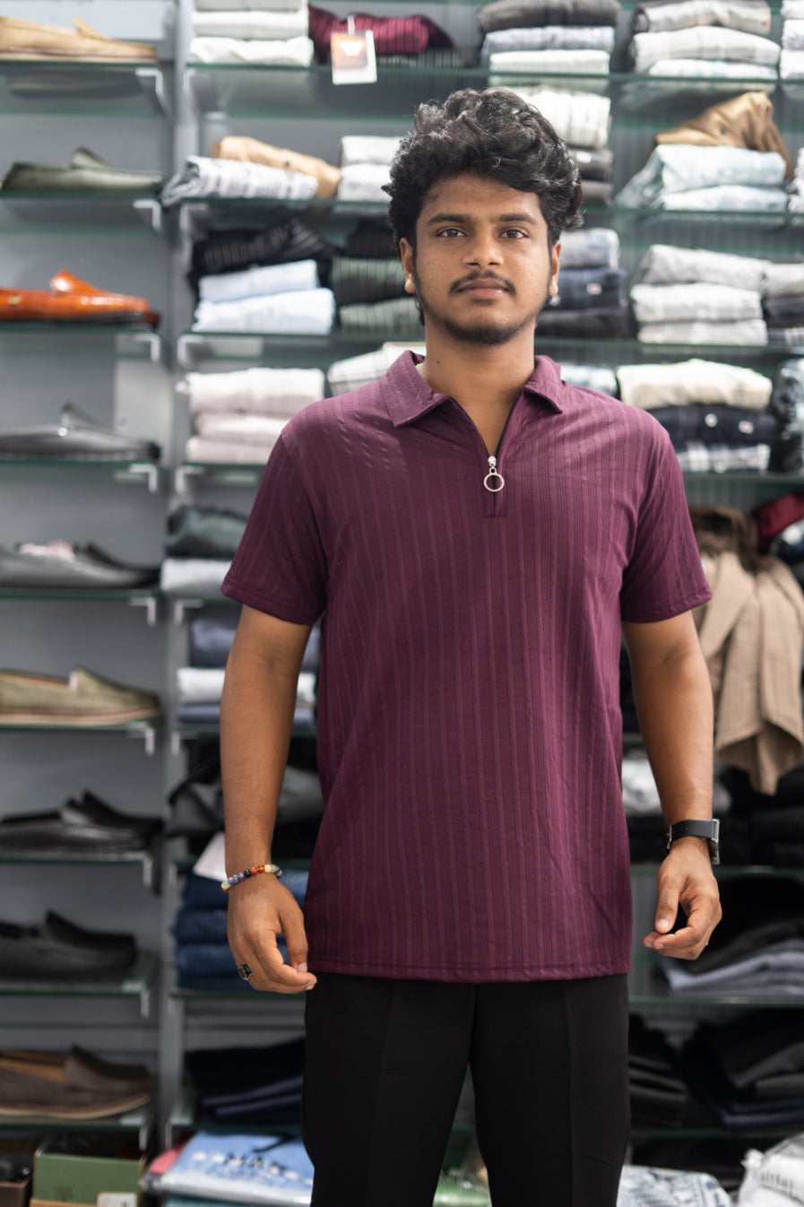 Half Sleeve Zipper Collar T-Shirt for Men – Stylish Casual Wear - Maroon
